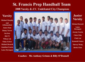 2008 SFP Undefeated Varsity & J.V. Handball Team gather after the varsity team defeats Molloy 5 - 0 on June 6 2008. Photo by Deirdre Turner