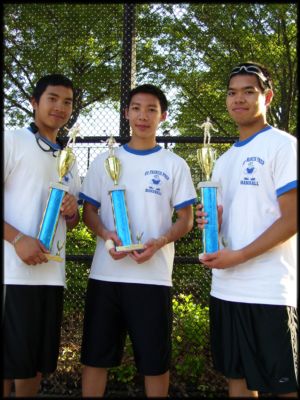 Left to right - Chris Chin, Chris Lai, and Neil Guintu. Chris Chin and Neil, who were undefeated at 1st doubles during the 2010 season, won first place in the Doubles Division at the 2010 CHSAA All Star Handball Tournament at Orchard Beach on May 24, 2010. Chris Lai, who played 1st Singles during the 2010 season, won first place in the Singles Division.