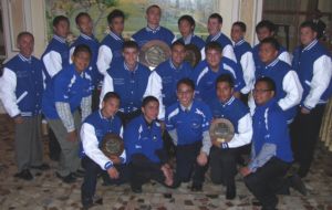 The 2010 St. Francis Prep Varsity and JV Undefeated CHSAA City Champions display their Championship jackets and polos at the Awards Dinner on June 24, 2010. Photo by Deirdre Turner '06